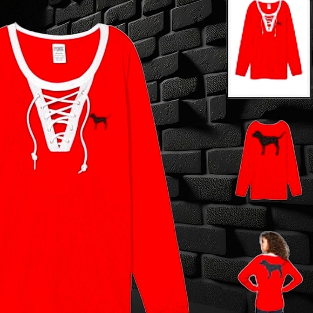 Victoria's Secret PINK (RARE) Red & Black Campus Lace-Up Long Sleeve Tee Large - Picture 4 of 5